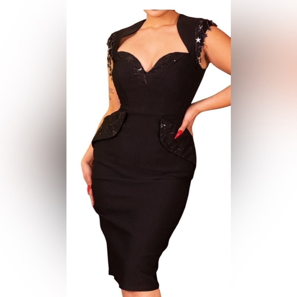 HollywoodLand Elegant Black Dress with Lace Accents Size XS.  I#43